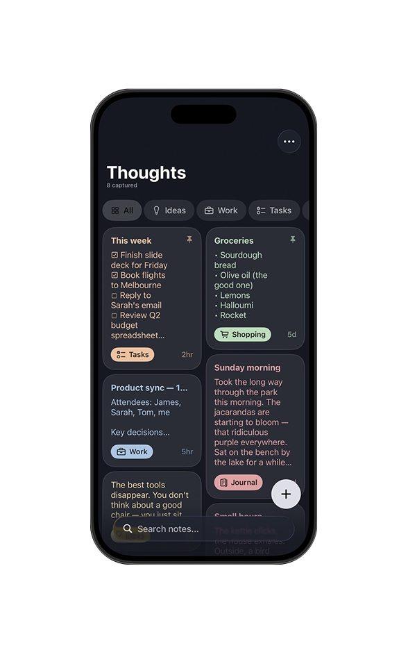 Nevo notes list in dark mode